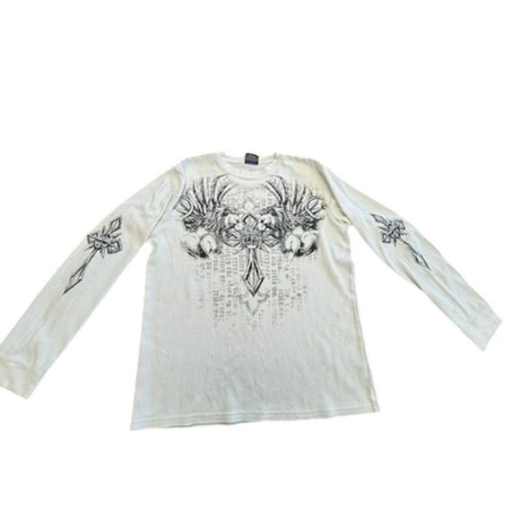 "MMA ELITE" Mens Thermal Gothic Cross Graphic Shirt SZ ? VTG Y2K Grungecore SPOT - Picture 2 of 16